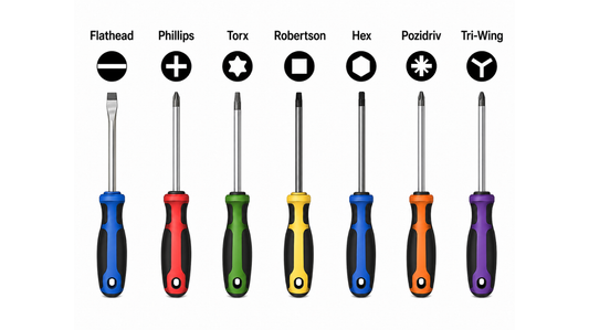 Different types of screwdrivers with matching tip shapes, including flathead, Phillips, Torx, Robertson, hex, Pozidriv and Tri-Wing.