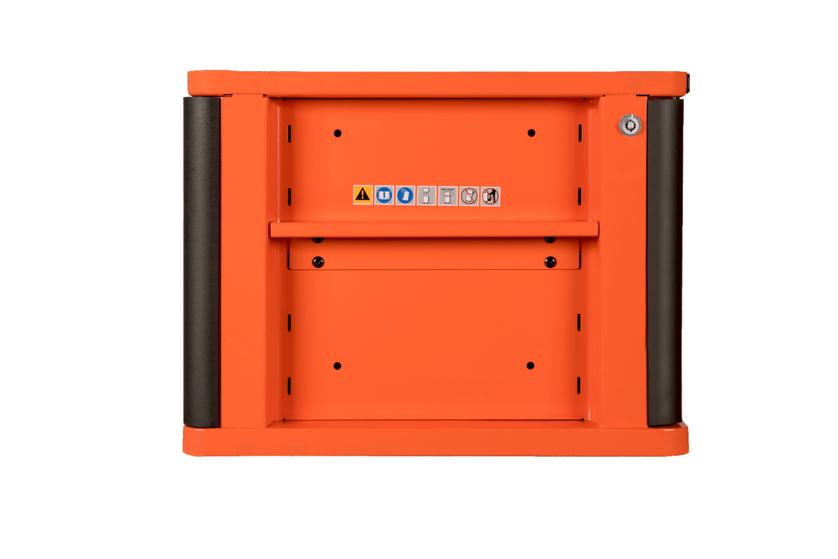 Bahco - Bahco 1482K4 E72 Storage HUB Top Chest with 4 Drawers - Orange industrial tool cabinet with safety icons displayed. - imagen 3