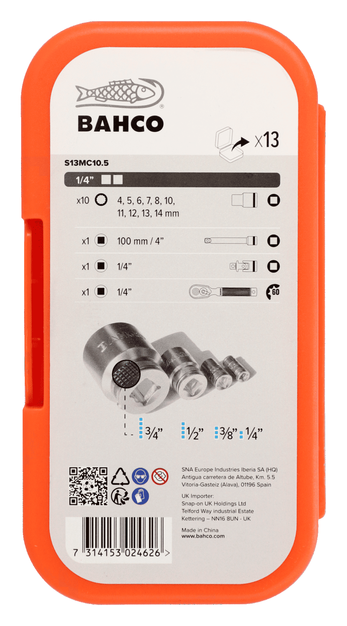 Bahco - Bahco SBS13MC10.5 1/4in Drive Socket Set, 13 Piece - Bahco socket set, 13 pieces, orange case. - imagen 5