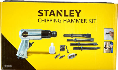 Stanley chipping hammer kit packaging with tools and accessories on a yellow background