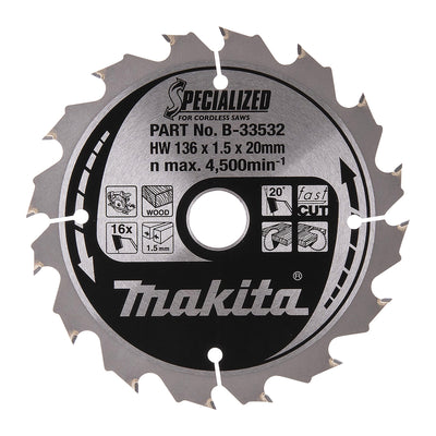 Makita - Makita B-33532 Specialized for Cordless Saws Blade 136 x 20mm x 16T - Makita cordless saw blade, 136mm, 16 teeth, wood cutting.