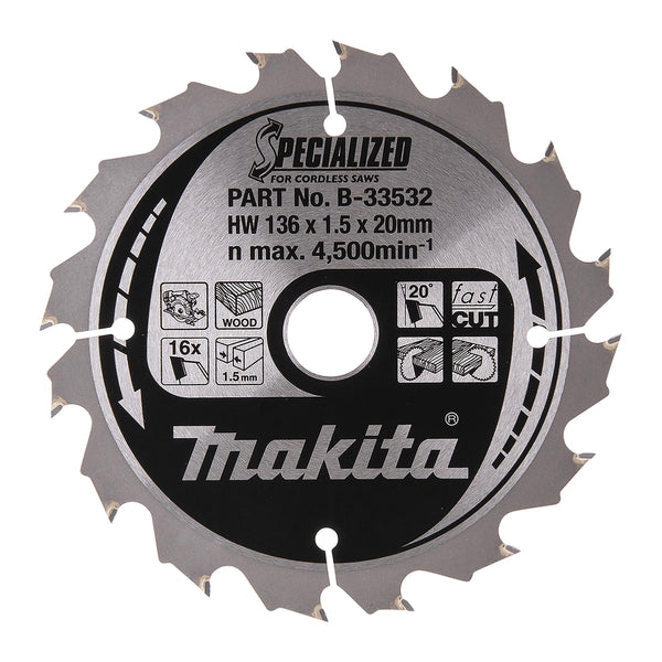 Makita - Makita B-33532 Specialized for Cordless Saws Blade 136 x 20mm x 16T - Makita cordless saw blade, 136mm, 16 teeth, wood cutting.