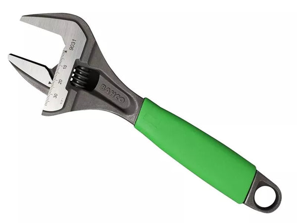Bahco - Bahco 9031 ERGO™ Extra Wide Jaw Adjustable Wrench Phosphate Green 218mm - Adjustable wrench with green rubber handle, metric markings.