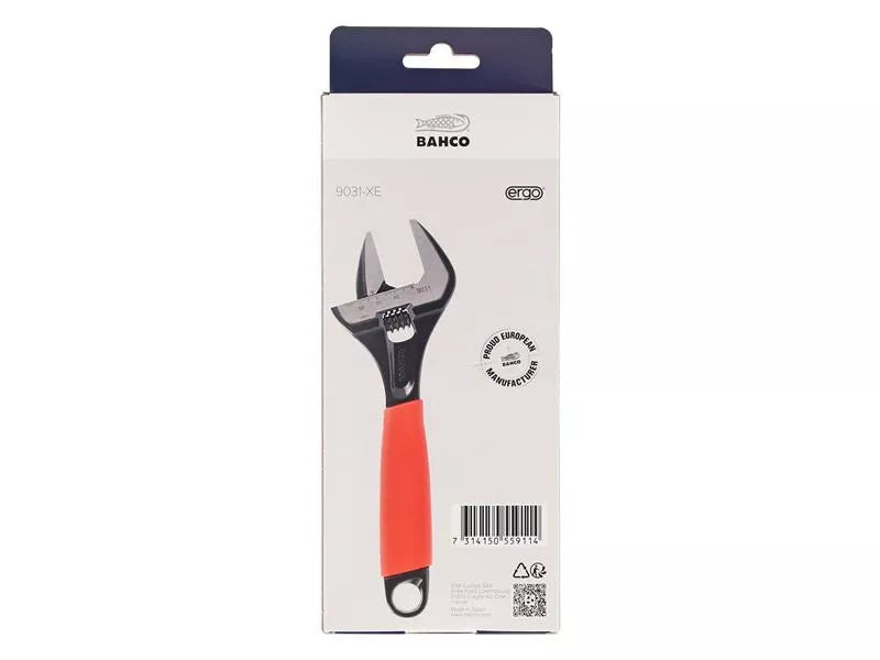 Bahco - Bahco XMAS 9031 ERGO™ Extra Wide Jaw Adjustable Wrench 218mm - Bahco adjustable wrench with red ergonomic handle packaging. - imagen 3