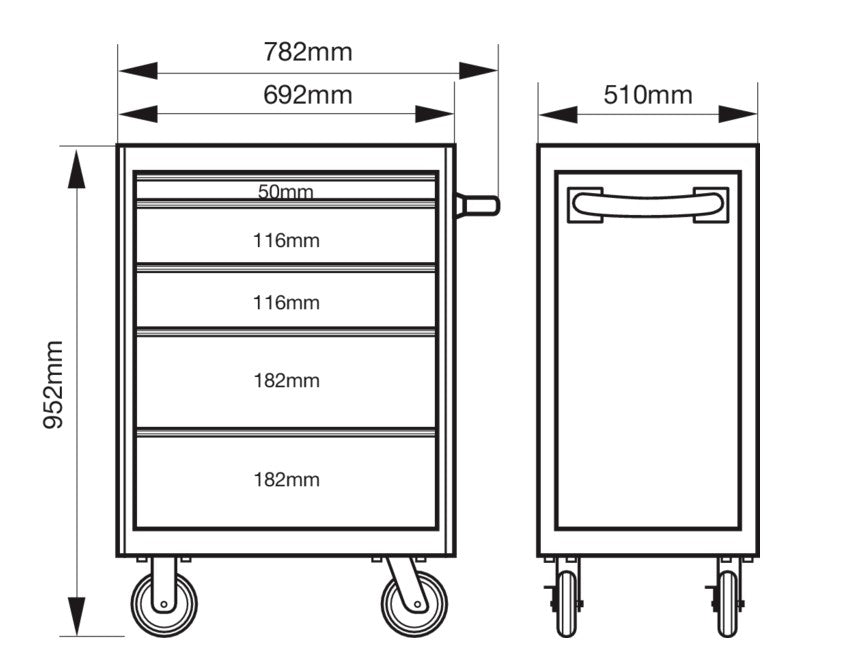 Bahco 1472K5 26in E72 Storage HUB Tool Trolley with 5 Drawers Dimension - imagen 12
