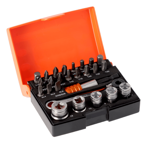 Bahco - Bahco 2058/S26 1/4in Drive Ratchet Socket Set, 26 Piece - Orange screwdriver bit set with multiple attachments.