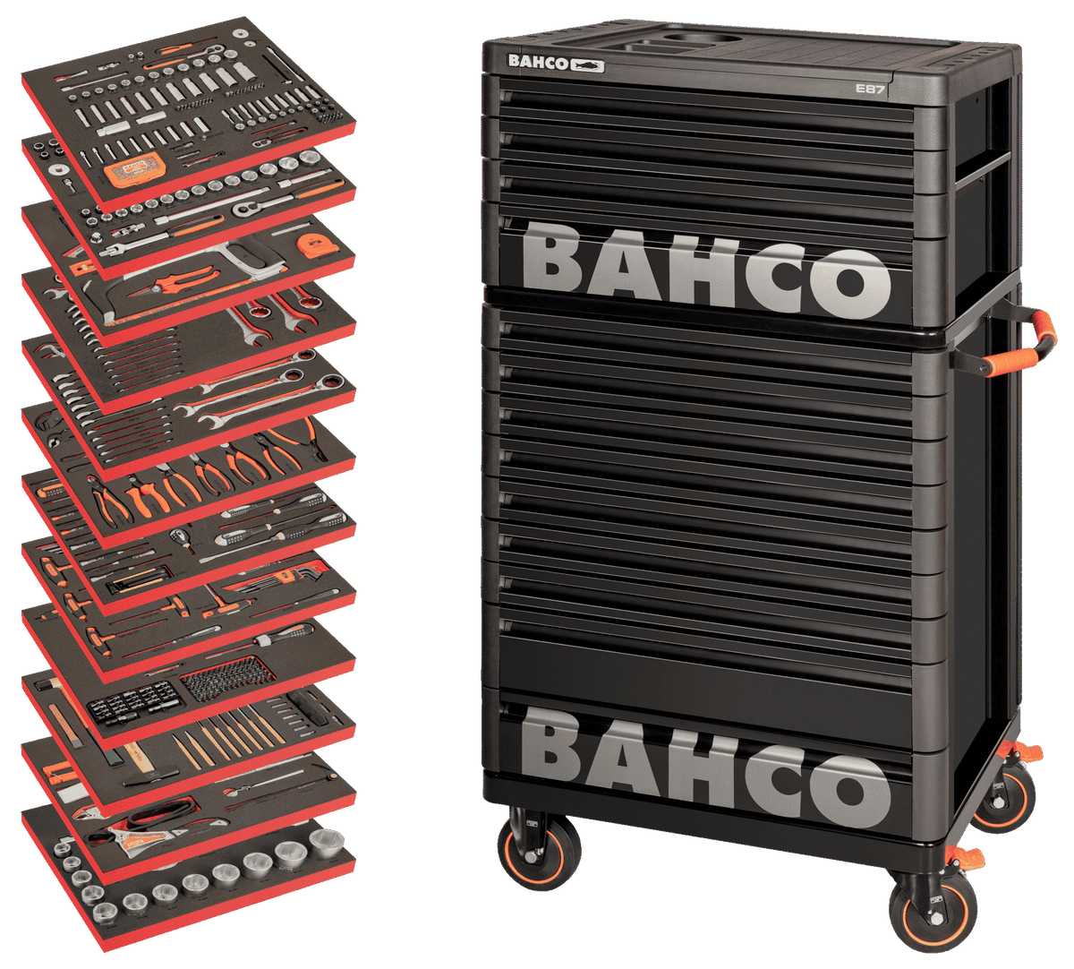 Bahco - Bahco XLARGE Tool Trolley General Purpose Tool Kit, 560 Piece - Black tool cabinet with organized drawer inserts and wheels. - imagen 2