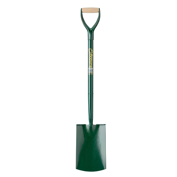 A green metal garden spade with a wooden D-handle, shown vertically against a plain white background.