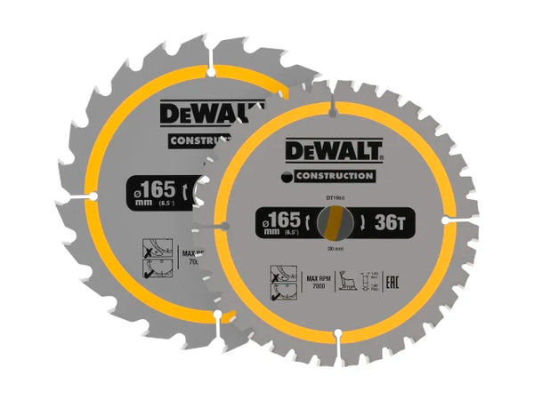 DEWALT DT90270 Construction Circular Saw Blade 2 Pack 165 x 20mm x 24T/36T – – Now available at MTN Shop UK.