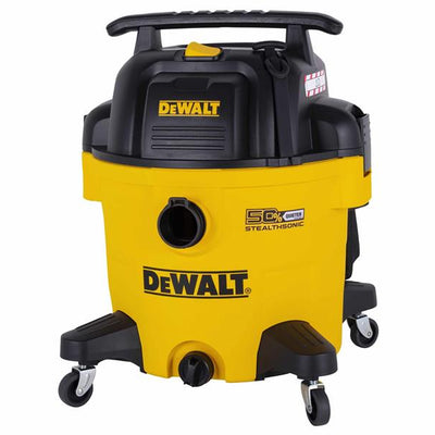 DEWALT DXV34P-QTA Stealthsonic Wet and Dry Vacuum 960W 240V side view showing 34-litre yellow tank, four castors, carry handle, and Stealthsonic branding