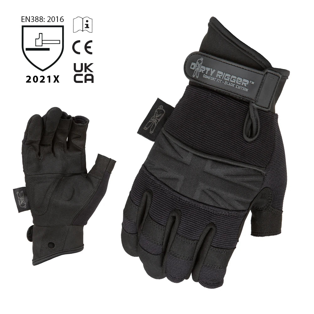 Dirty Rigger Comfort Fit Black Edition framer rigger gloves, palm and back view alongside EN 388:2016, CE and UKCA certification symbols. - imagen 2