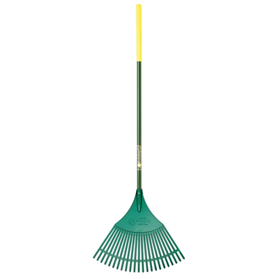 A green garden rake with a long dark green handle and a bright yellow grip, shown against a plain white background.