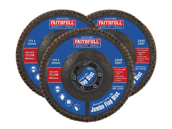 Faithfull Zirconia Abrasive Jumbo Flap Disc 115 x 22mm Mixed Grit (3 Pack)