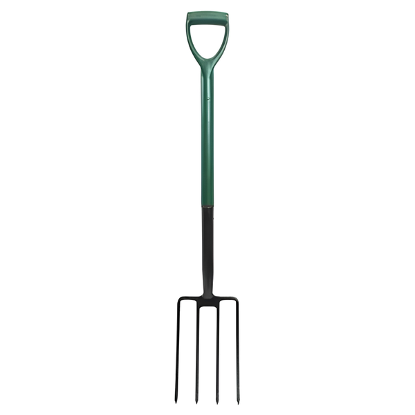 A garden hand fork with a green D-shaped handle and black metal tines, shown vertically against a plain white background.
