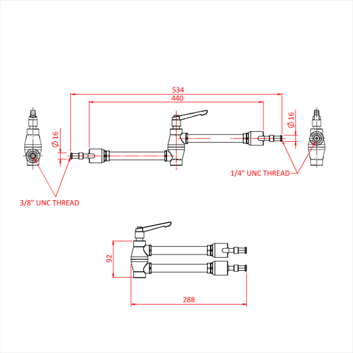 Doughty Pivot Arm G1150 — technical dimensions diagram showing overall length 534mm, arm length 440mm, folded width 288mm, folded height 92mm, Ø16mm studs with 1/4" and 3/8" UNC thread options. - imagen 4
