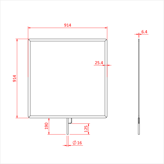 Doughty Flag Frame G3016 technical dimensions — 36x36 inch flat aluminium flag frame with 16mm spigot pin diagram - imagen 3