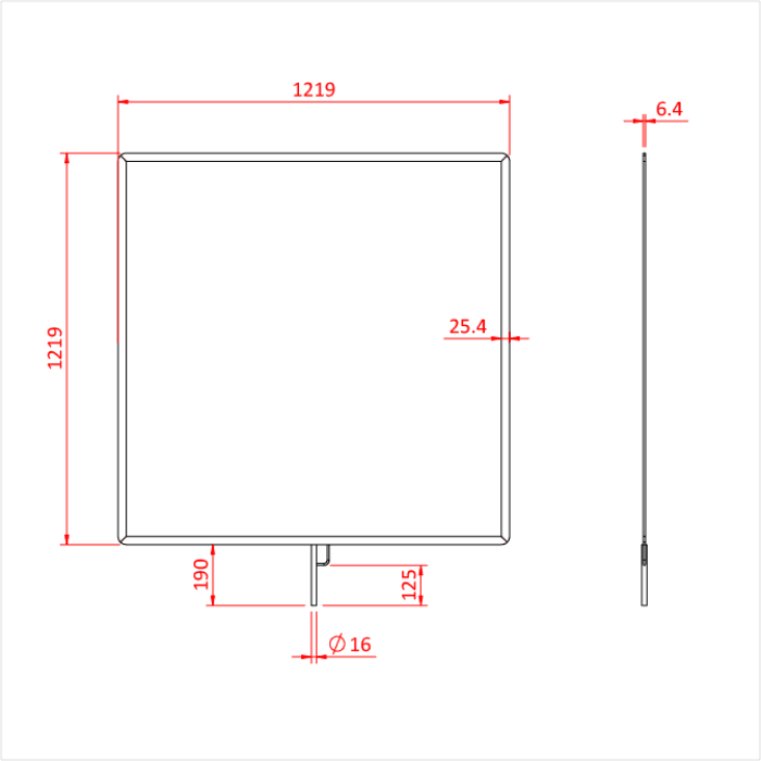 Doughty Flag Frame G3018 technical dimensions — 48x48 inch flat aluminium flag frame with 16mm spigot pin diagram - imagen 4
