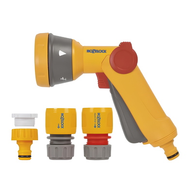 Yellow and grey Hozelock garden hose nozzle with a red trigger, shown with three connector attachments on a white background.