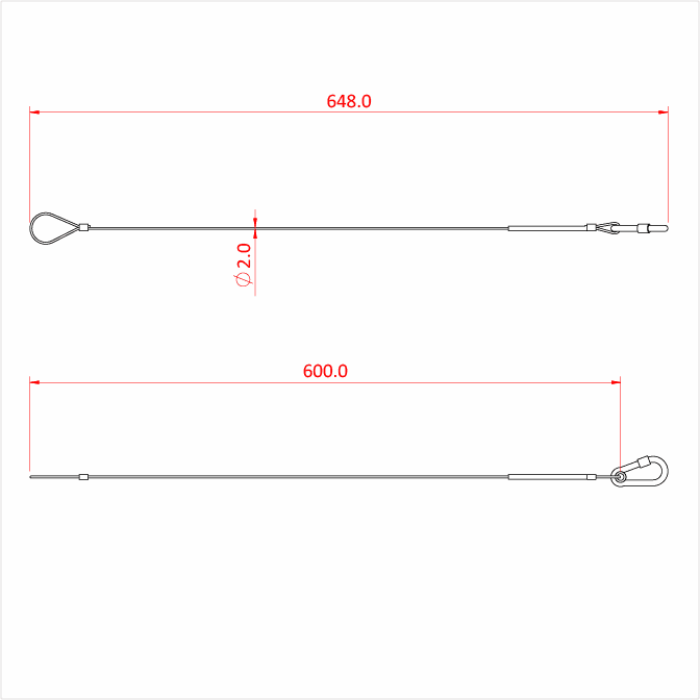 Doughty Engineering - Doughty 20Kg Stainless Safety Bond – 2mm x 600mm - The image shows a technical drawing of two wire assemblies. Both wires have loops at one end and connectors at the other. The top wire is 648 units long with a diameter of 2 units, and the bottom wire is 600 units long. The measurements are indicated in red. - IP28410 - imagen 2