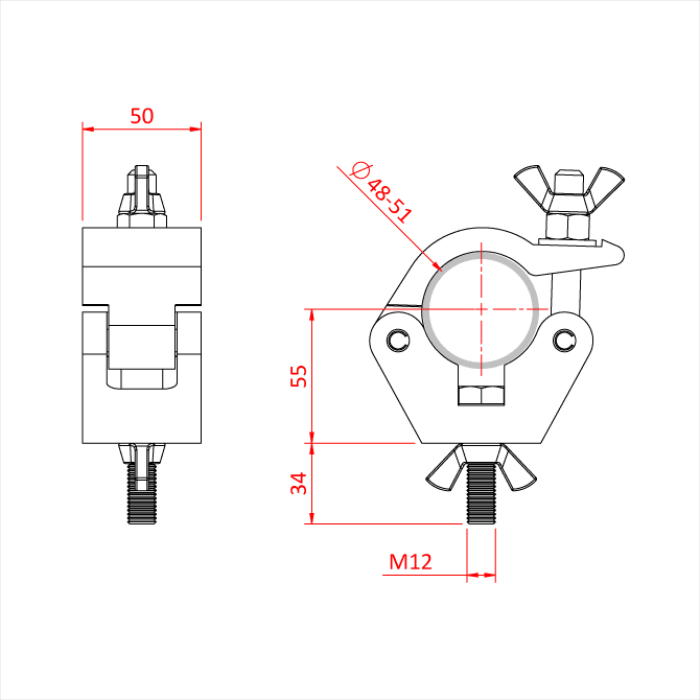 Doughty All Weather Hook Clamp - Adjustable pipe clamp with dimensions and wingnut closure. - imagen 7