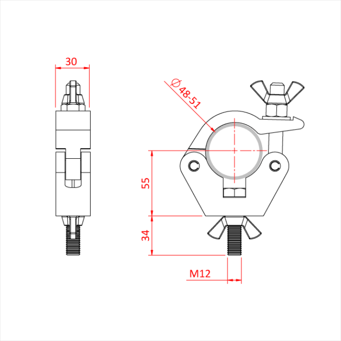 Doughty All Weather Slimline Hook Clamp - Adjustable pipe clamp with measurements, wingnut and threaded bolt. - imagen 3
