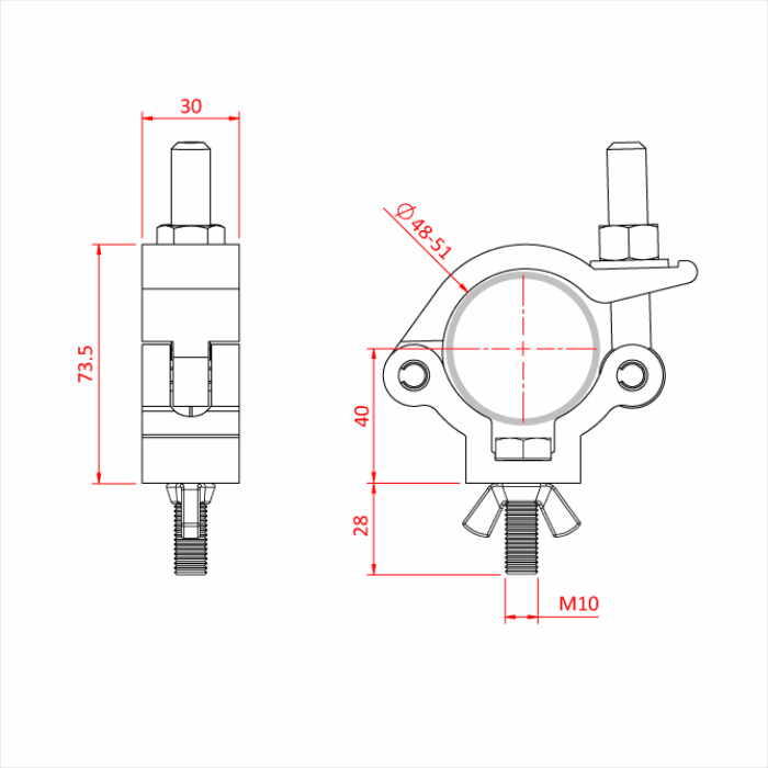 Doughty All Weather Slimline Lightweight Hook Clamp - Aluminum clamp with dimensions and screw details. - imagen 3