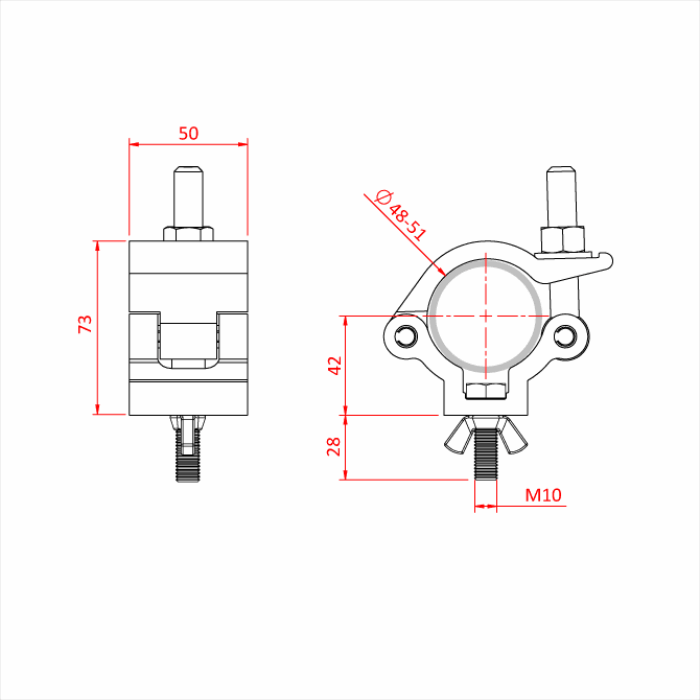 Doughty All Weather Lightweight Hook Clamp - Pipe bracket technical drawing with dimensions and M10 bolt. - imagen 3