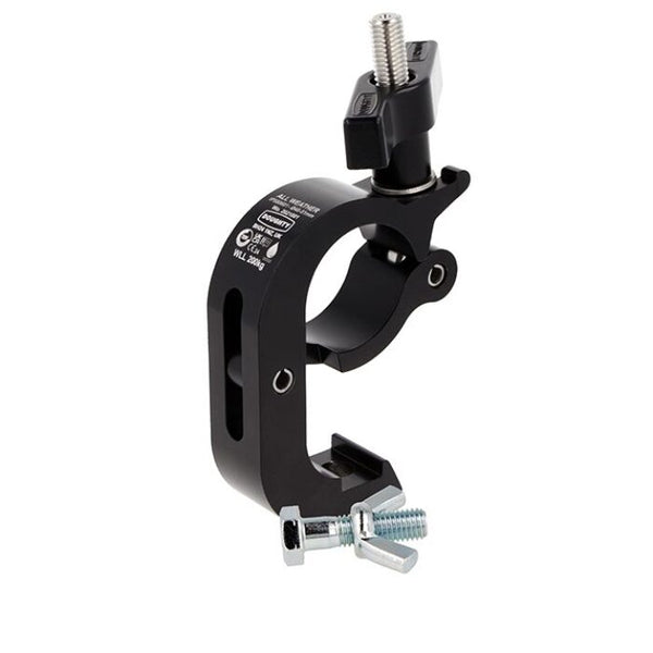 Doughty All Weather Trigger Hook Clamp - Heavy-duty black aluminum lighting clamp with bolt.