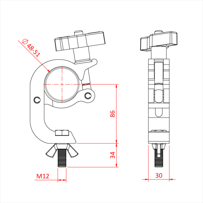 Doughty All Weather Trigger Hook Clamp - Adjustable metal clamp with detailed dimensions. - imagen 3