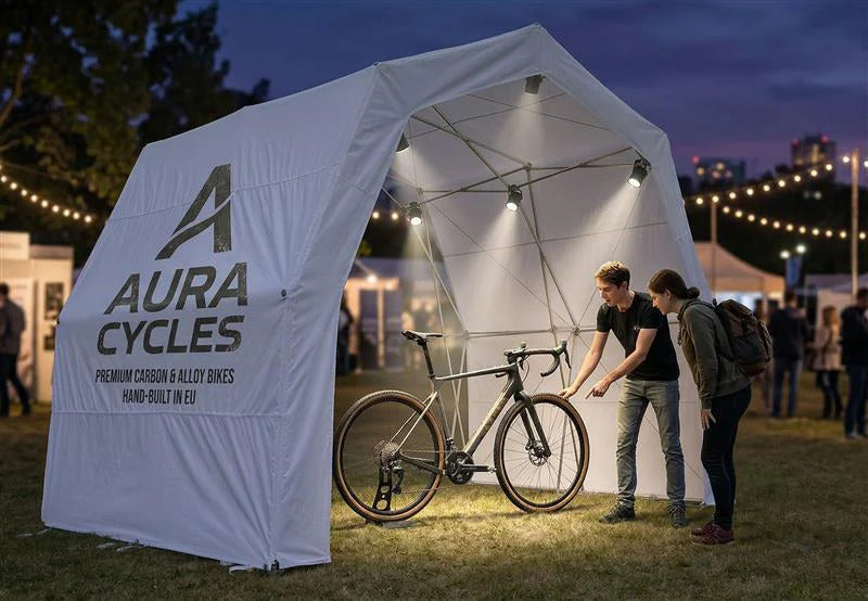 Konligo The Tent aluminium gazebo with sides technical drawing showing open dimensions and branding surfaces - imagen 9