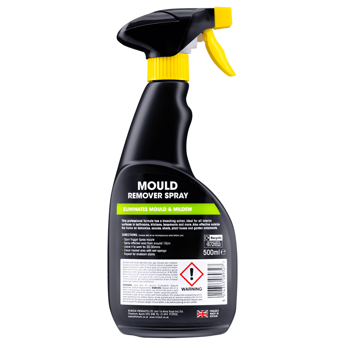 Back label of a 500ml Kilrock Mould Remover Spray bottle, showing detailed usage instructions and safety warnings against a white background. - imagen 2