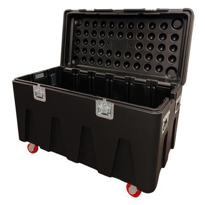 Black road case with wheels on a white background