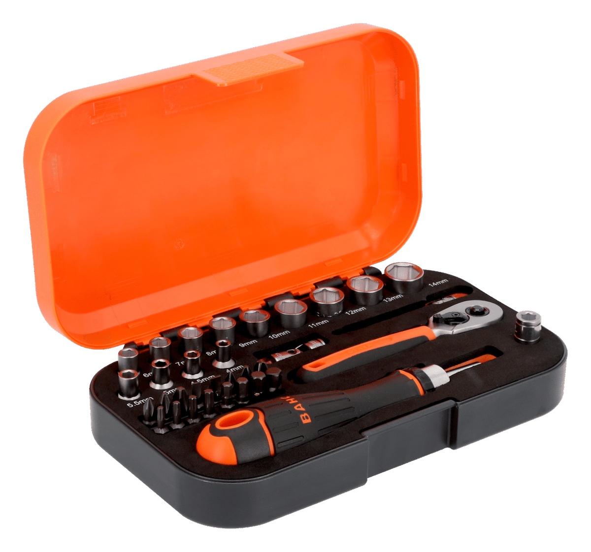 Bahco - Bahco S34MC8H 1/4in Drive Socket & Bit Set, 34 Piece - Orange tool set with ratchet, bits, and sockets. - imagen 3