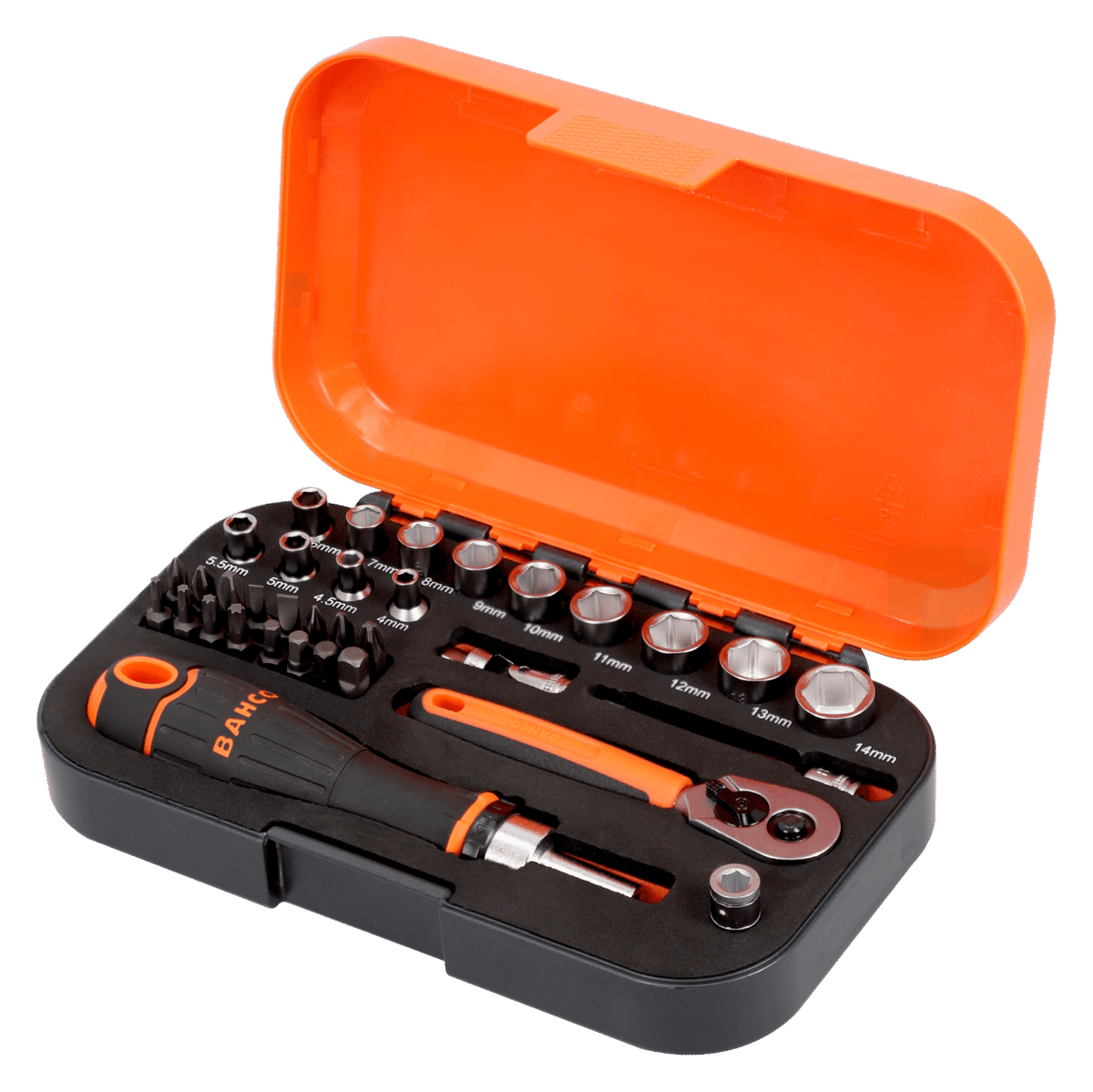 Bahco - Bahco S34MC8H 1/4in Drive Socket & Bit Set, 34 Piece - Orange tool kit with sockets, screwdriver, and ratchet set. - imagen 2