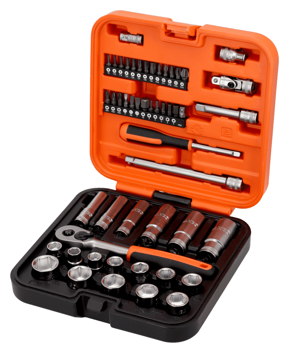 Bahco - Bahco S51MC3H 3/8in Drive Standard and Deep Socket & 1/4in Bit Set, 51 Piece - Orange tool kit with sockets, screwdriver bits, and ratchet. - imagen 4