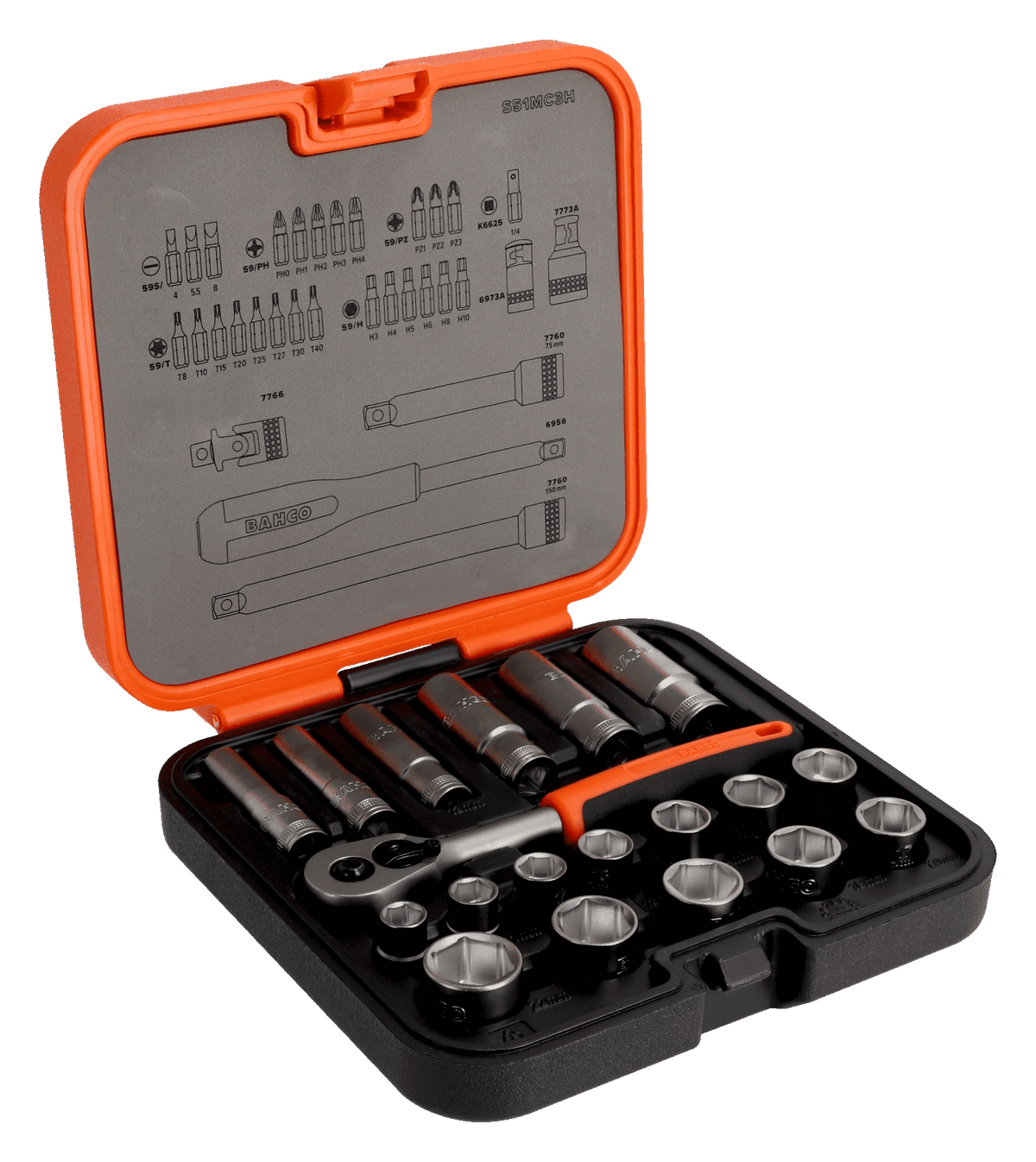 Bahco - Bahco S51MC3H 3/8in Drive Standard and Deep Socket & 1/4in Bit Set, 51 Piece - Bahco socket wrench set with orange case organizer. - imagen 5