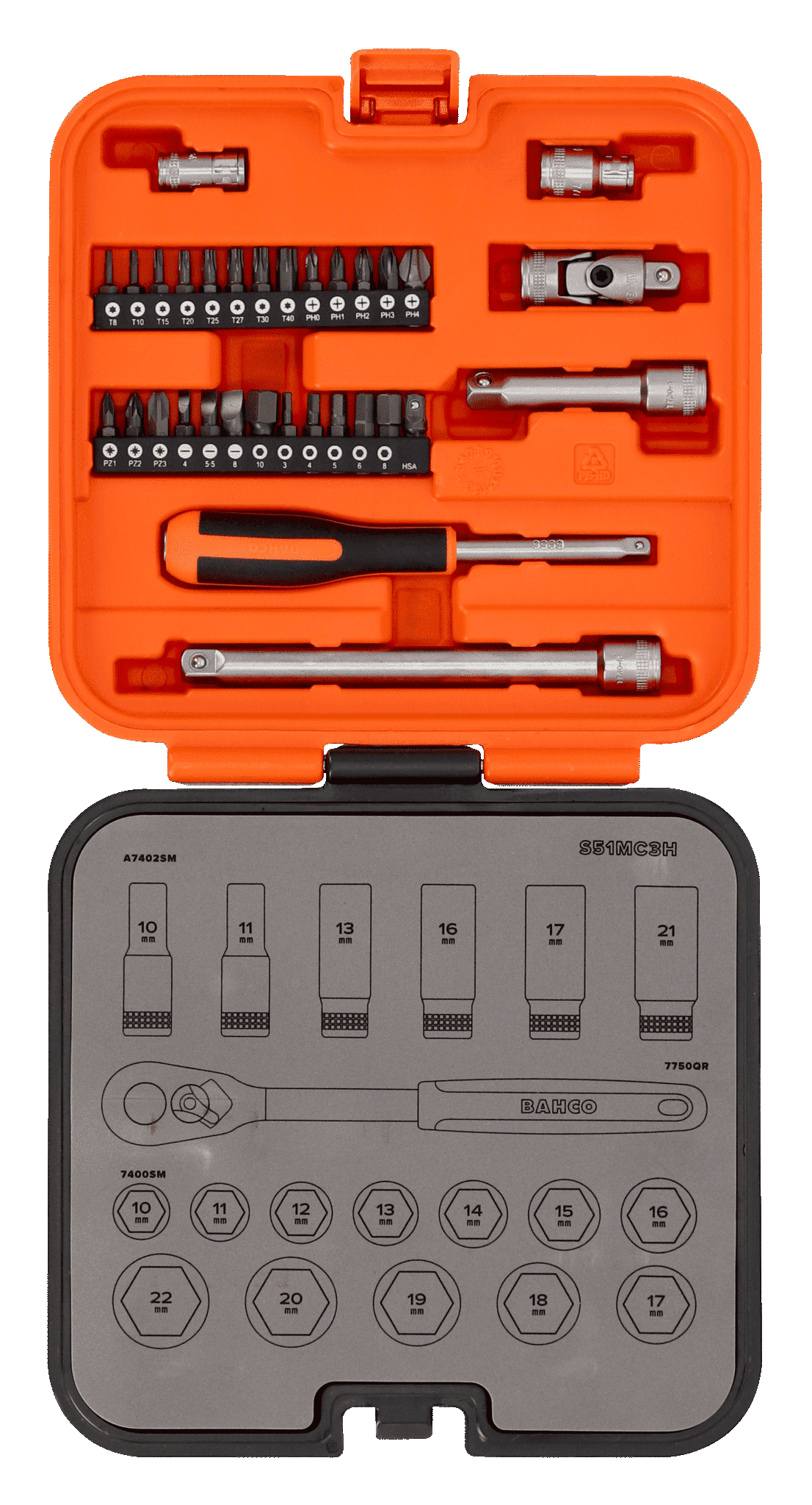 Bahco - Bahco S51MC3H 3/8in Drive Standard and Deep Socket & 1/4in Bit Set, 51 Piece - Orange tool kit with screwdriver, sockets, and bits. - imagen 7