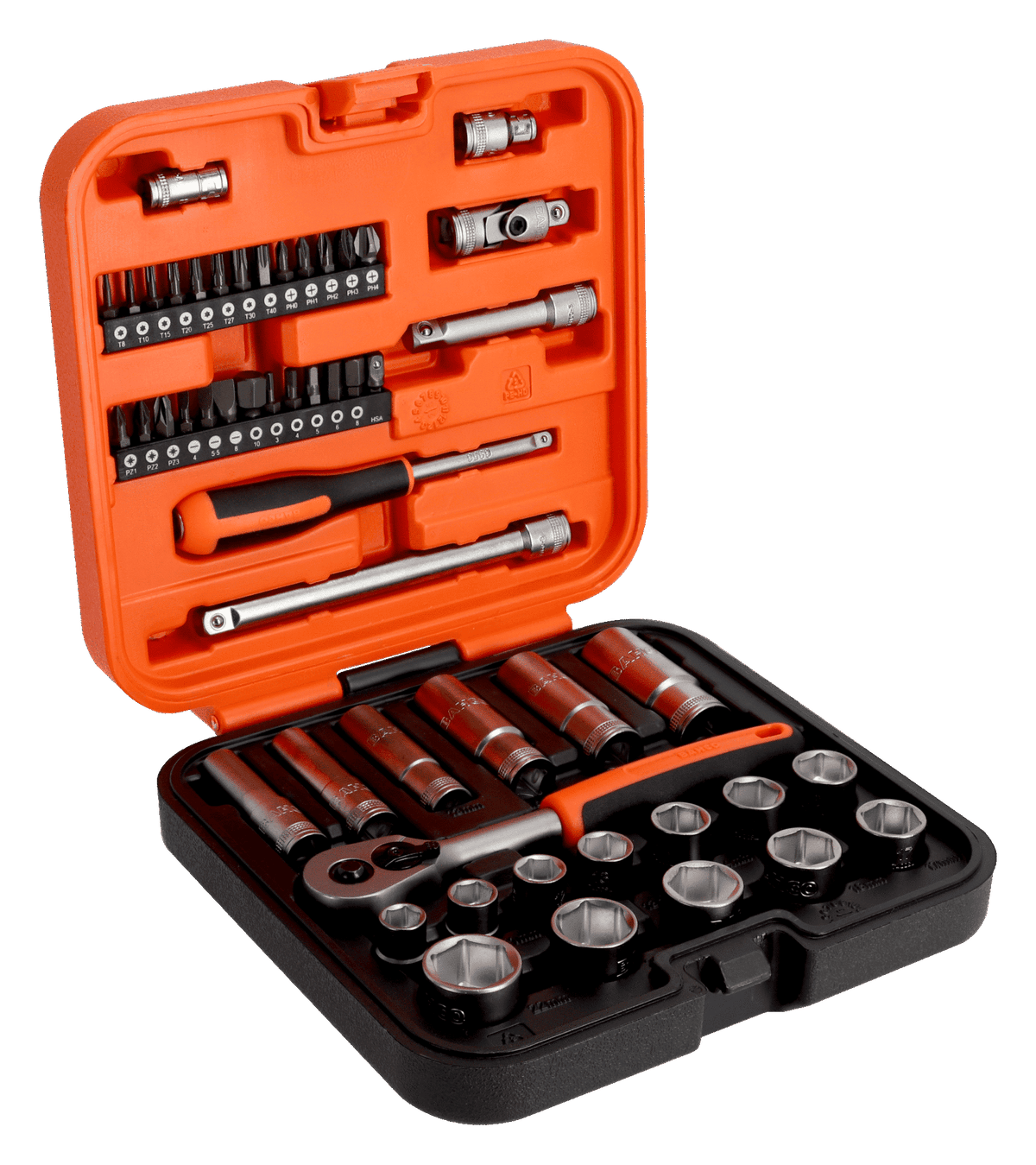 Bahco - Bahco S51MC3H 3/8in Drive Standard and Deep Socket & 1/4in Bit Set, 51 Piece - Orange toolset case with sockets and ratchet wrench. - imagen 8