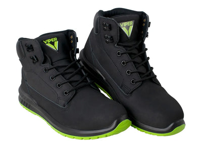 Scan - Scan Viper SBP Safety Boots - Black work boots with green soles, Viper logo.