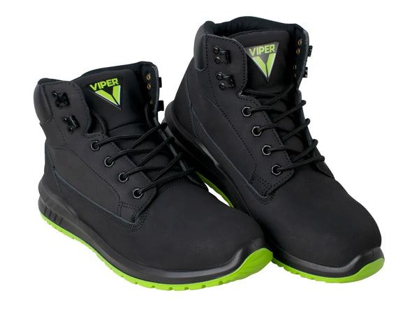Scan - Scan Viper SBP Safety Boots - Black work boots with green soles, Viper logo.