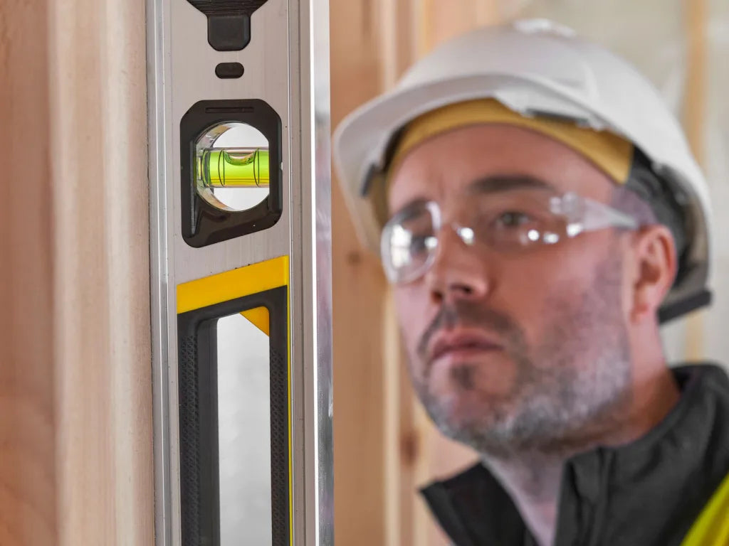 Person wearing safety glasses and a hard hat with a level tool in the foreground. - imagen 6