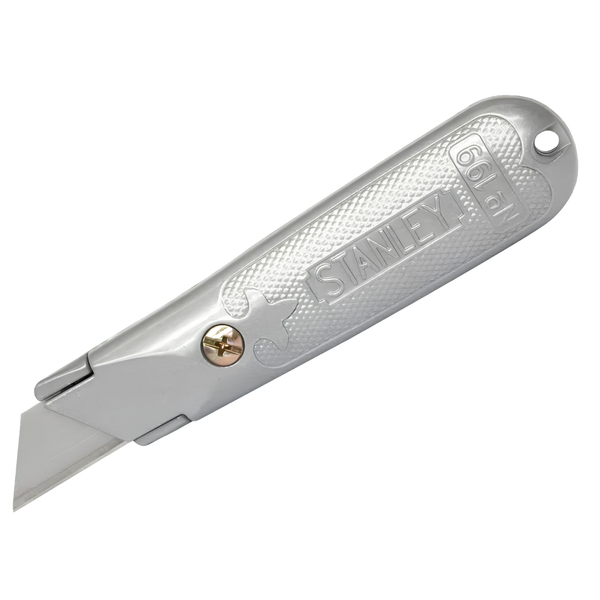 A silver Stanley utility knife with a textured handle and a partially extended silver blade, shown on a plain white background.