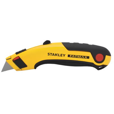 A yellow and black Stanley Fatmax utility knife with a silver blade partially extended, shown against a plain white background.