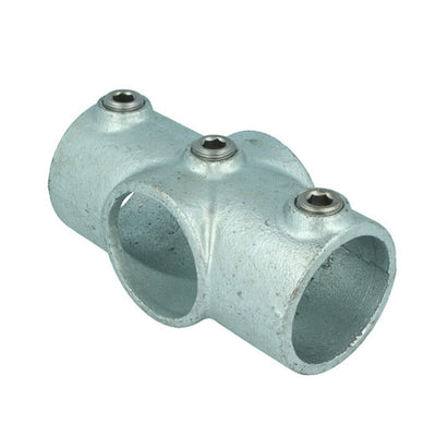 Doughty Pipeclamp Two Socket Crossover - Three-way galvanized iron pipe fitting connector.