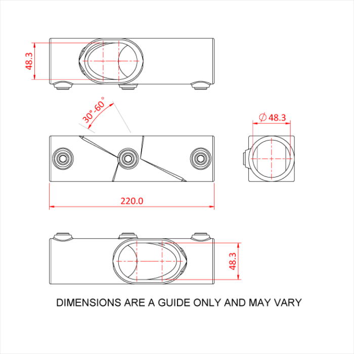 Doughty Pipeclamp Two Socket Cross Adjustable Centre 30-60° - Technical rod end bearing dimensions and specifications diagram. - imagen 3