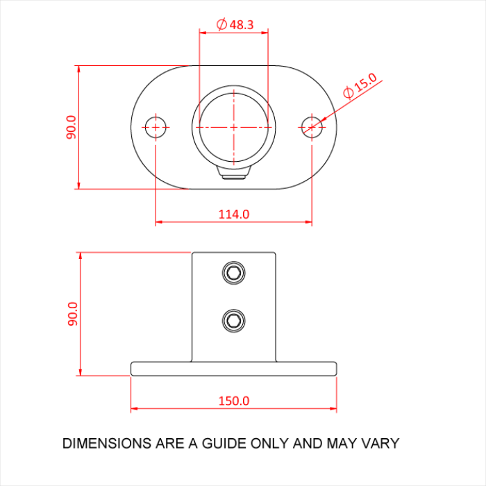 Doughty Pipeclamp Railing Base Flange - Wall flange bracket technical dimensions illustration. - imagen 5