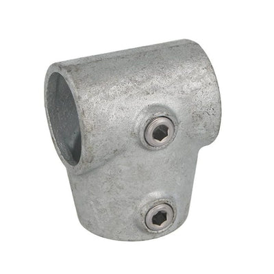 Doughty Pipeclamp Angled Single Socket Tee 4-10 Degree - Galvanized steel pipe fitting with hex screws.