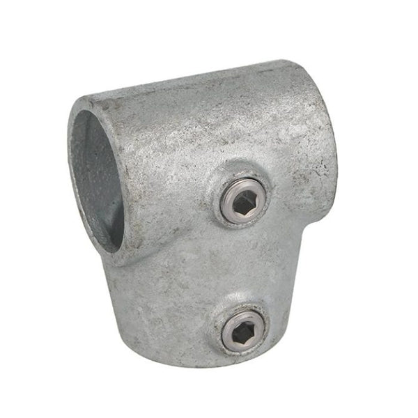 Doughty Pipeclamp Angled Single Socket Tee 4-10 Degree - Galvanized steel pipe fitting with hex screws.