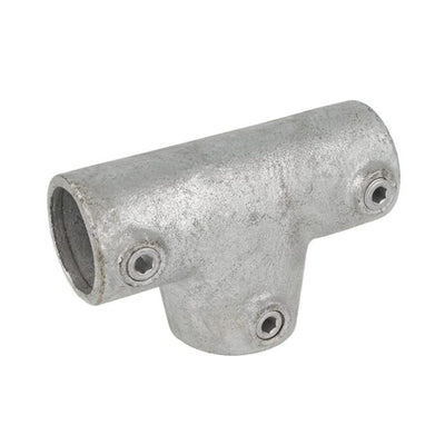 Doughty Pipeclamp Angled Two Socket Tee 4-10 Degree - Galvanized steel T-shaped pipe fitting connector.