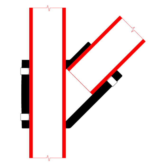 Doughty Engineering - Doughty 45 Degree Angle Tee - The image illustrates an abstract geometric structure featuring overlapping rectangles. The main vertical rectangle is outlined in red with a thick black bar on the left side. A diagonal rectangle intersects the main rectangle, forming a "Y" shape. Both rectangles have red outlines and include symbols resembling electrical or circuit diagram indicators. The background is plain white. - T194006 - imagen 6